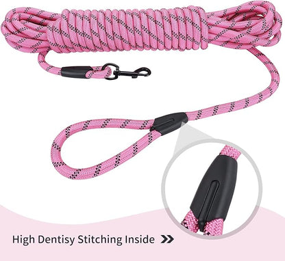 Long Dog Leash for Training 30Ft-Reflective Nylon Rope with Swivel Hook-Recall Agility Lead for Large Small Medium Dogs Outside Walking Hiking-Pink Diam 1/2"