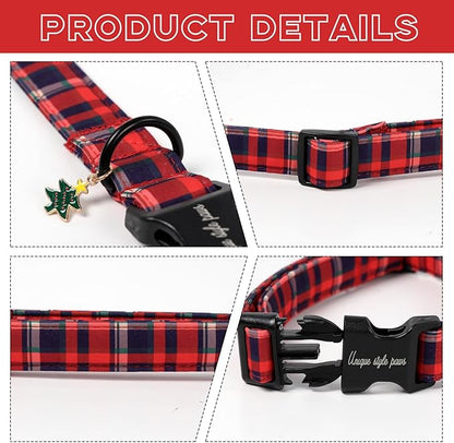 Unique Style Paws Christmas Dog Collar Plastic Buckle with Pendant Blue Purple Red Grid Cotton Puppy Collars for Small Medium Large Dogs