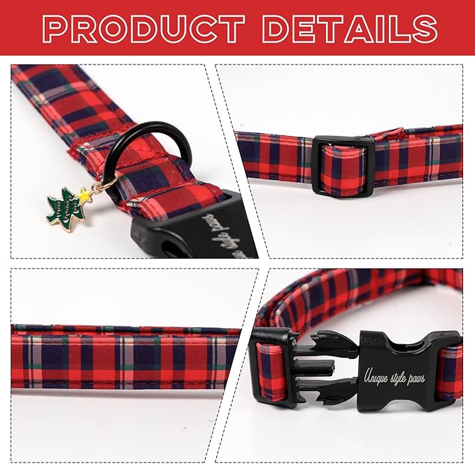 Unique Style Paws Christmas Dog Collar Plastic Buckle with Pendant Blue Purple Red Grid Cotton Puppy Collars for Small Medium Large Dogs