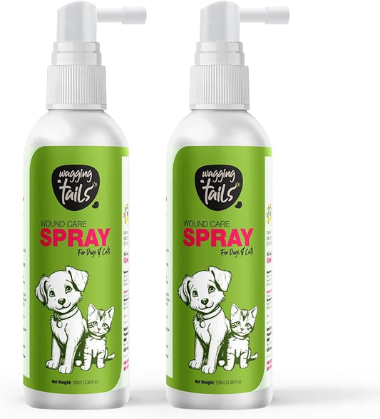 Wagging Tails Wound Care Spray - 3.38 fl oz (Pack of 2) Active Nano Silver Cleanse & Heals - Cuts, Infections, Abrasions | Recovery Liquid for Dog & Cat | Gentle Antiseptic Soothes Inflammation