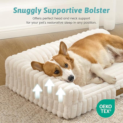Cute Dog Bed, Faux Rabbit Fur Orthopedic Foam Dog Bed with Sides, Removable Washable Cover & Waterproof Lining, Comfortable Pet Couch for Medium Dogs, Cream (36" L x 27" W x 6.5" Th)