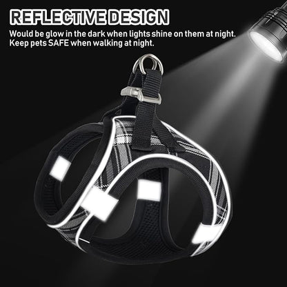 GAMUDA Small Dog Harness Collar and Leash Set, Step in No Chock No Pull Soft Mesh Adjustable Dog Vest Harnesses Plaid Reflective for Dogs Puppy Cats Kitten Rabbit (Black, S)
