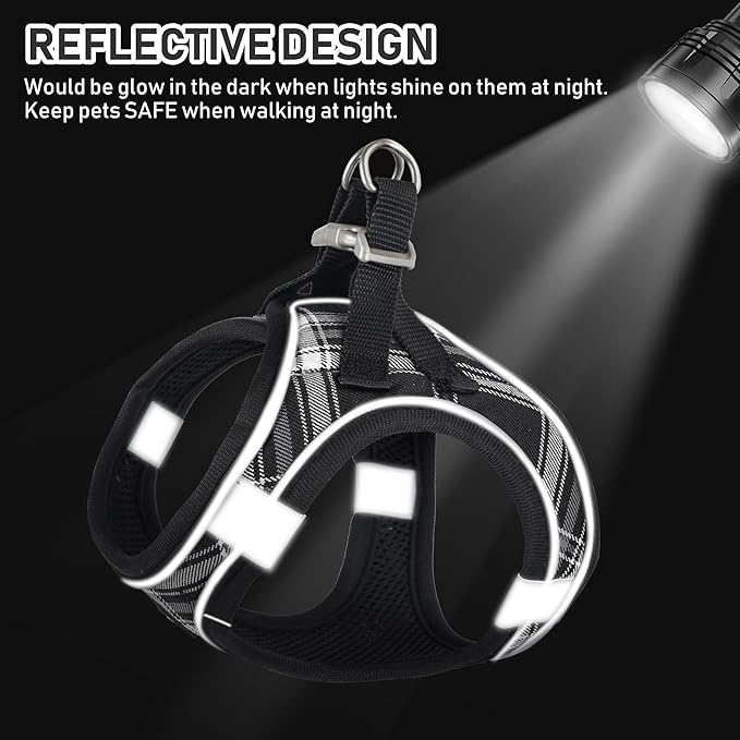 GAMUDA Small Dog Harness Collar and Leash Set, Step in No Chock No Pull Soft Mesh Adjustable Dog Vest Harnesses Plaid Reflective for Dogs Puppy Cats Kitten Rabbit (Black, L)