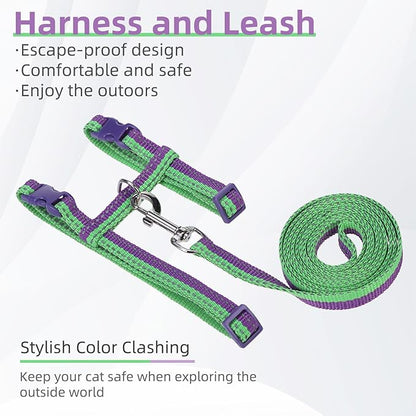 PUPTECK Adjustable Cat Harness and Leash Set Escape Proof Kitten Strap Collar for Walking Travel, Purple Green