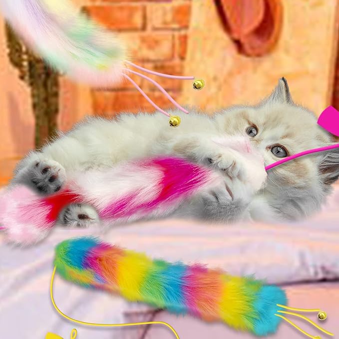Lepawit 3 Pack Cat Wand Toy, Rainbow Cat Feather Toys with Bells, Teaser Wand with Soft Furry Tail, Interactive Toys for Indoor Cats & Kitten & Kitty