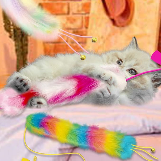 Lepawit 3 Pack Cat Wand Toy, Rainbow Cat Feather Toys with Bells, Teaser Wand with Soft Furry Tail, Interactive Toys for Indoor Cats & Kitten & Kitty