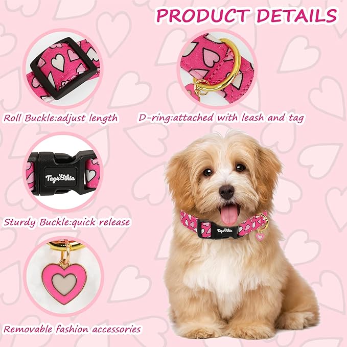 Valentines Dog Collar with Pink White Heart Pattern, Adjustable Small Dog Collar with Safety Buckle & Heart Charm, Spring Summer for Girl Boy Dogs-S