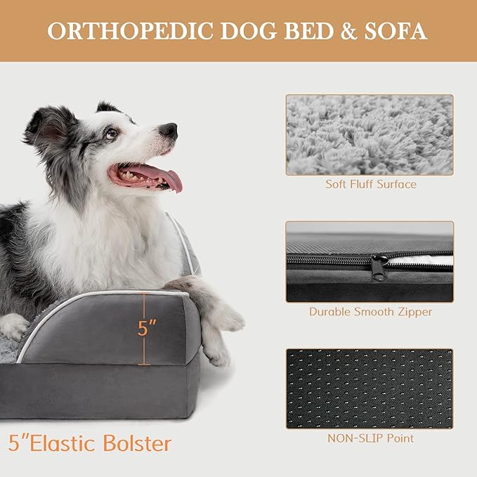 Comfort Expression Orthopedic Dog Bed for Extra Large Dogs 48x30 Inch, Waterproof Egg Crate Foam XXL Pet Bed with Removable Bolsters, Dog Couch with Washable Cover & Non-Slip Bottom, Grey