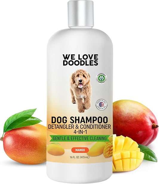 Dog Shampoo, Conditioner & Detangler - Best Shampoo for Goldendoodles, Poodles & Doodles Pet Hair - Hypoallergenic, Tearless, Sensitive Skin for Puppies & All Dog Breeds - Made in USA, 16OZ (Mango)