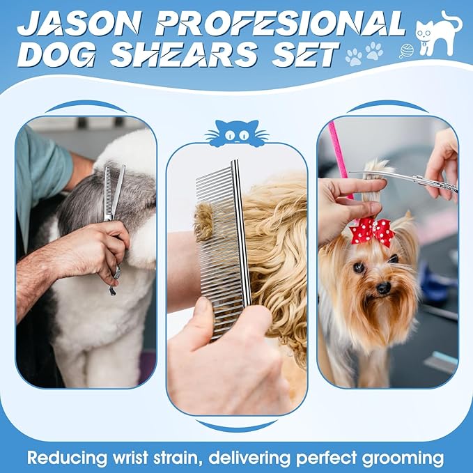 JASON Dog Grooming Scissors Kit, Professional 6 in 1 Dog Scissors Set - 6.5" Thinning, 7" Straight, 7" Up-Curved, 7" Down-curved Shears and Comb for Dog Cat Pet (Silver) Christmas Gift