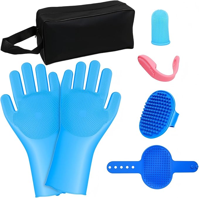 7 Pcs Bathing Kit with Storage Bag for Dogs & Cats Includes Pet Grooming Gloves, Dog Bath Brush & Finger Toothbrush All-in-One Pet Care (Ocean Blue)