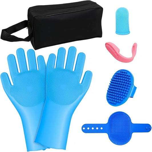 7 Pcs Bathing Kit with Storage Bag for Dogs & Cats Includes Pet Grooming Gloves, Dog Bath Brush & Finger Toothbrush All-in-One Pet Care (Ocean Blue)