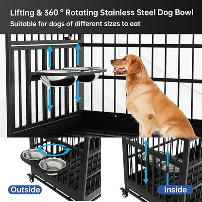 Snuowu 48 Inch Heavy Duty Dog Crate with Wheels and Unique Air Lift Rod, Folding Metal Big Dog Cage for Large Dogs, Extra Large XL XXL Indestructible Dog Crate with Removable Tray.