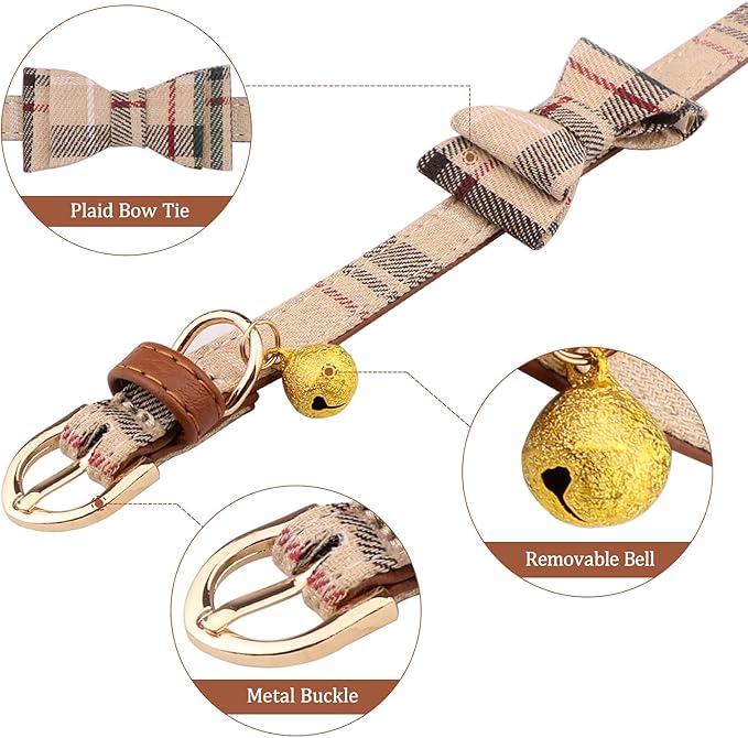 3 PCS Dog Collars for Small Puppy Collar and Leash Set, Bow Tie with Bell, Bandana Leather for Small Dogs Puppies and Cats(Beige)