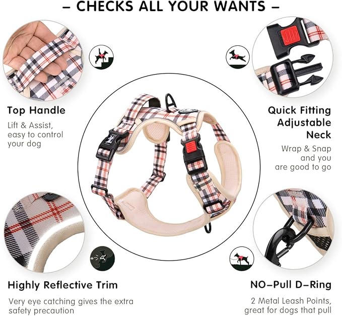 PoyPet Plaid Dog Harness, No Pull Front Clip Pet Vest Harness, Soft Padded Reflective Adjustable Walking Harness with Handle for Large Medium Small Dogs(Checkered Beige,XL)