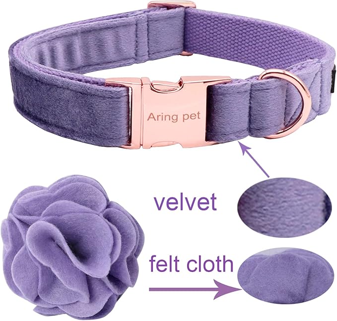 ARING PET Velvet Dog Collars, Purple Soft Pet Collar with Detachable Felt Flower Metal Buckle for Puppy Small Medium Large Boy Girl Dogs-XL