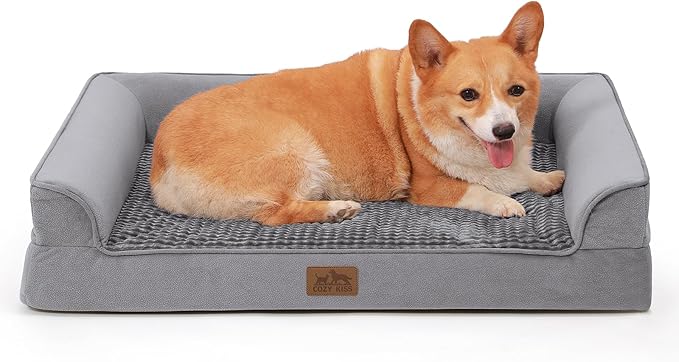COZY KISS Orthopedic Dog Bed for Large Medium Size Dog, L Pet Sofa for Dog Cat, Big Supportive Foam Bolster U Shaped Couch with Waterproof Lining Cover, Anti-Slip, Washable, 36x27x7.5 inch, Grey