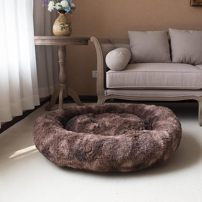 Oval Calming Donut Cuddler Dog Bed,Shag Faux Fur Cat Bed Washable Round Pillow Pet Bed(30"/36"/43") for Small Medium Dogs (XL(36"x27"x7"), Brown2021)