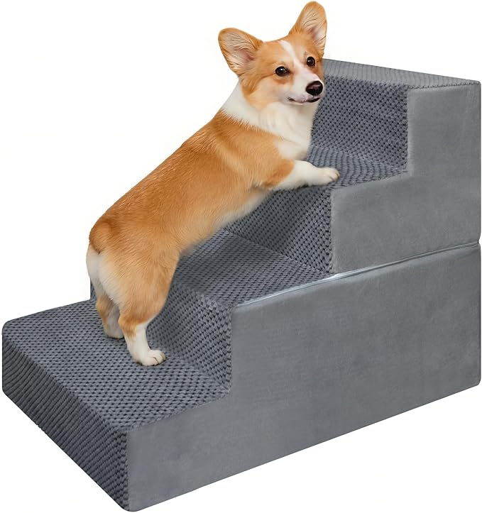 PawComfort 4-Step Pet Stairs, 18 Inch High Dog Steps for Bed, Grey Non-Slip Indoor Ramp for Small Dogs and Cats