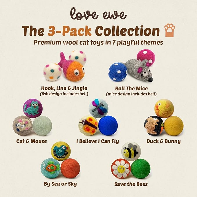 Hustle & Blush Love Ewe Felted Cat Toys 3 Pack - 3 Inch Fish w/Bell & 2 Inch Ball Hand Made Cute & Fun Design Kitten Wool Felt Balls for Indoor Play & Exercise -100% New Zealand Handmade Felted Balls