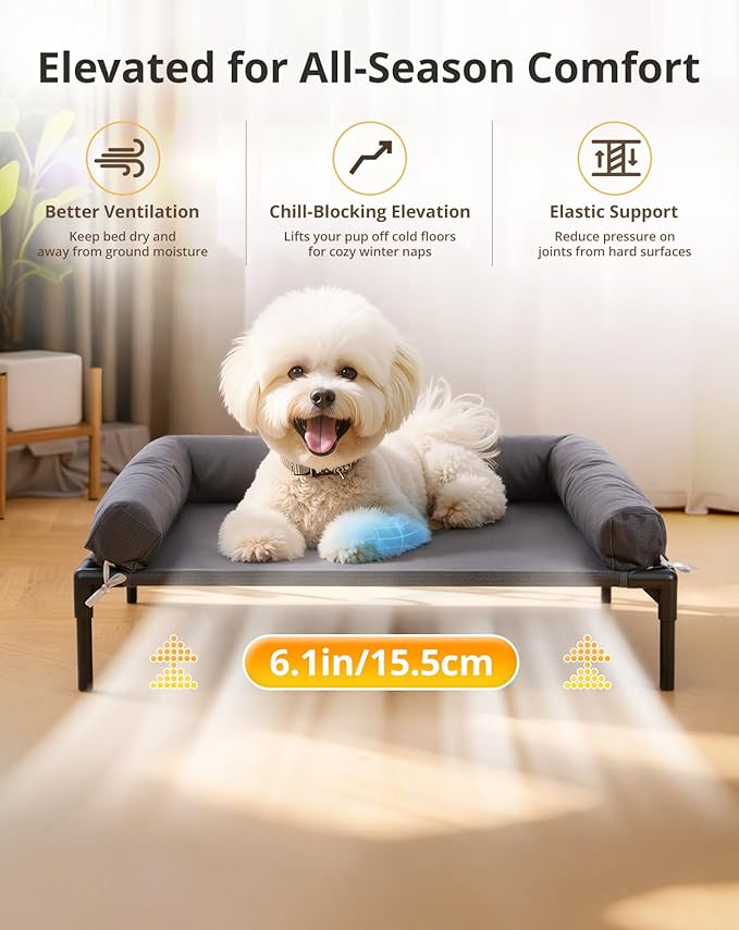Cooling Elevated Dog Bed, 24.6x30 Raised Dog Bed with Removable Bolster Cushion, Breathable Mesh, Non-Slip Feet, and Metal Frame for Small Breeds Indoor Outdoor
