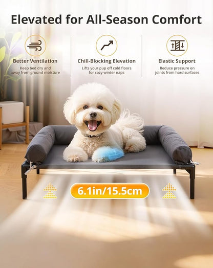 Cooling Elevated Dog Bed, 24.6x30 Raised Dog Bed with Removable Bolster Cushion, Breathable Mesh, Non-Slip Feet, and Metal Frame for Small Breeds Indoor Outdoor