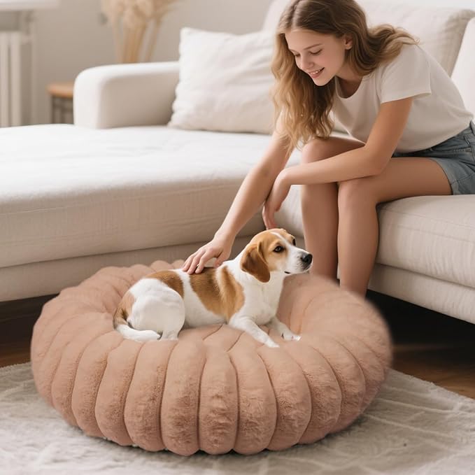 Vhen When Donut Dog and Cat Bed, Luxurious Comfortable Faux Rabbit Fur Pet Beds, Round Anti-Anxiety Calming Puppy Kitten Bed with Anti-Slip Bottom for Small Medium Large Dogs & Cats(31", Brown)