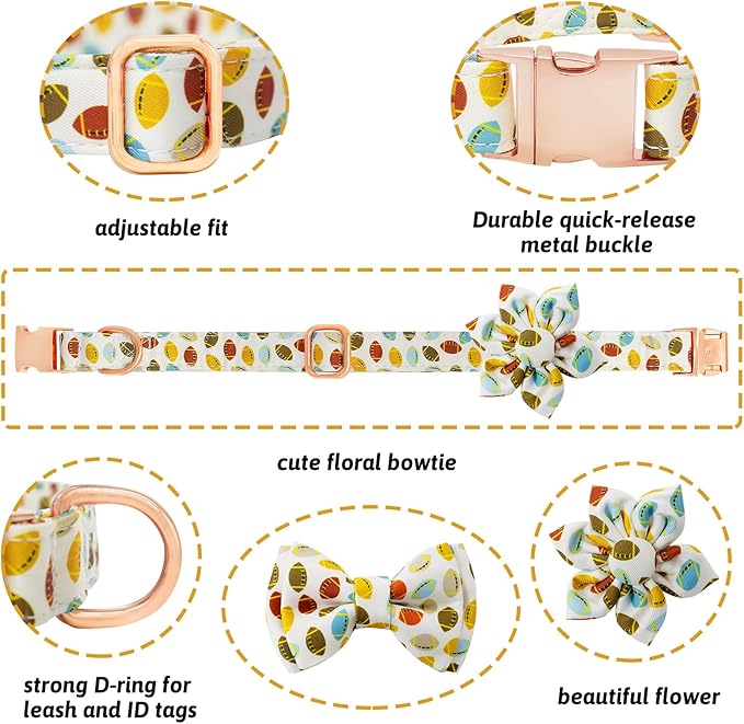 Dog Collar and Leash Set Girls Adjustable Puppy Collars with Floral Bow Tie for Small Medium Large Female Dogs, Rugby, M