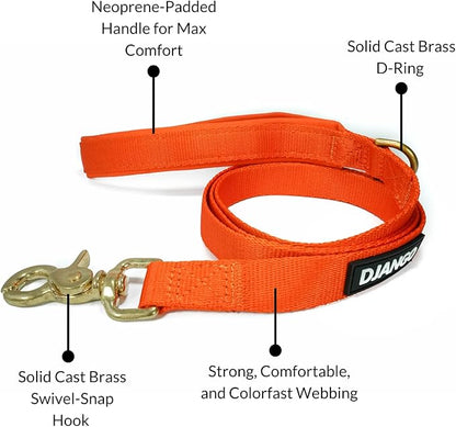DJANGO Adventure Dog Leash – Strong, Comfortable, and Stylish Dog Leash with Solid Brass Hardware and Padded Handle - Designed for Outdoor Adventures and Everyday Use (Sunset Orange)