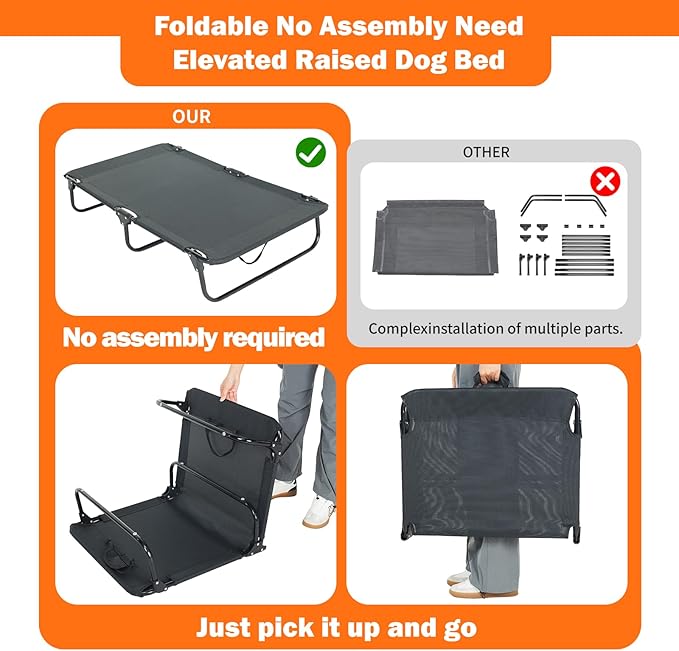 everfront Dog Elevated Bed Foldable Portable Raised Bed Camping cot Outdoor Summer Dog Bed (Large, Grey-Textilene)