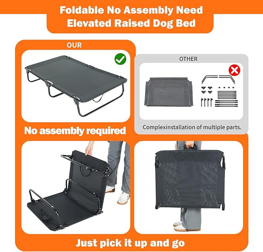 everfront Elevated Dog Bed for Large Pet with No-Slip Feet, Foldable Portable Washable Raised Bed for Indoor&Outdoor Camping Dog Cot, with Cooling Waterproof Breathable Mesh (Large, Black-Textilene)