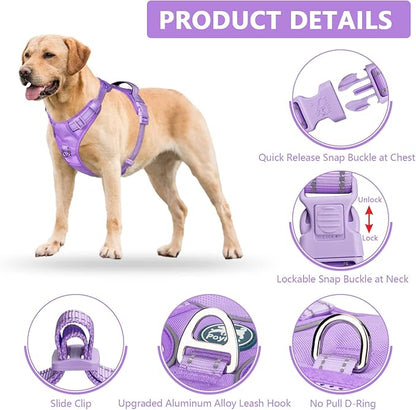 PoyPet No Pull Dog Harness, No Choke Reflective Dog Vest, Adjustable Pet Harnesses with Easy Control Padded Handle for Small Medium Large Dogs(Light Purple Matching Trim,S)
