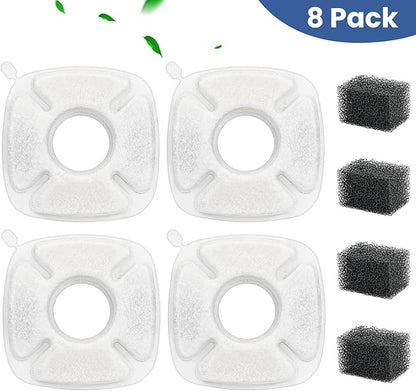 8 Pack Cat Water Fountain Replacement Filter, 4 Pcs Cat Fountain Filters & 4 Pcs Pre-Filter Sponges for 95oz/2.8L 135oz/4L 67oz/2L Automatic Pet Cats Dog Water Fountain Dispenser Filters