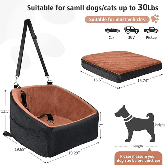 NEEZUKAR Dog Car Seat for Small Medium Dogs,Detachable Washable Dog Booster Seat Under 30lbs, Pet Car Seats Travel Bed with Storage Pockets and Safety Belt(Black/Z)