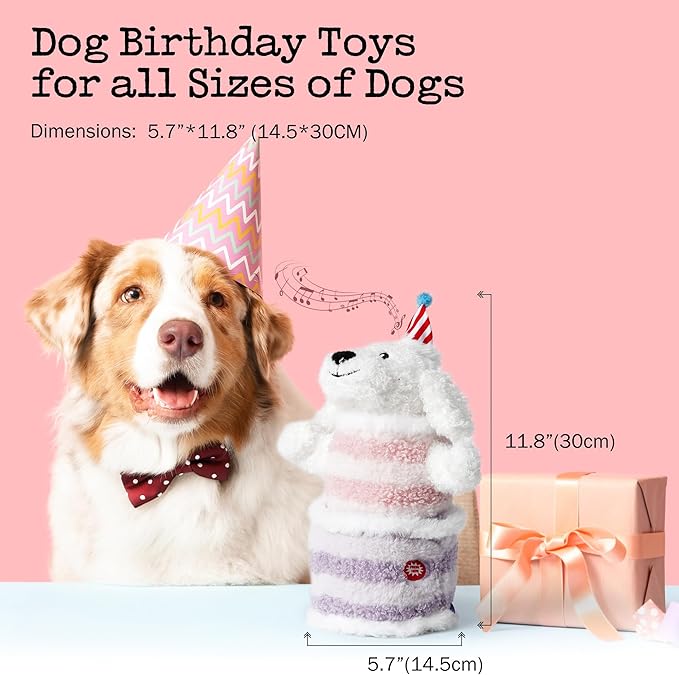 Fuzzwoof Birthday Cake Dog Toy, Singing and Dancing Birthday Songs, Interactive Dog Toys, Plush Stuffed Puppy Toys with Echo Function Feature, Happy Birthday Gift for Dogs
