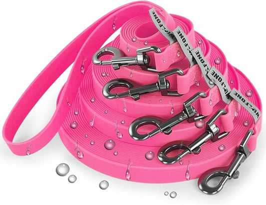 Wolfone 50ft Pink Long Leash - Waterproof Training Dog Leash for Recall, Swimming, Camping, Beach, Hunting, Walking