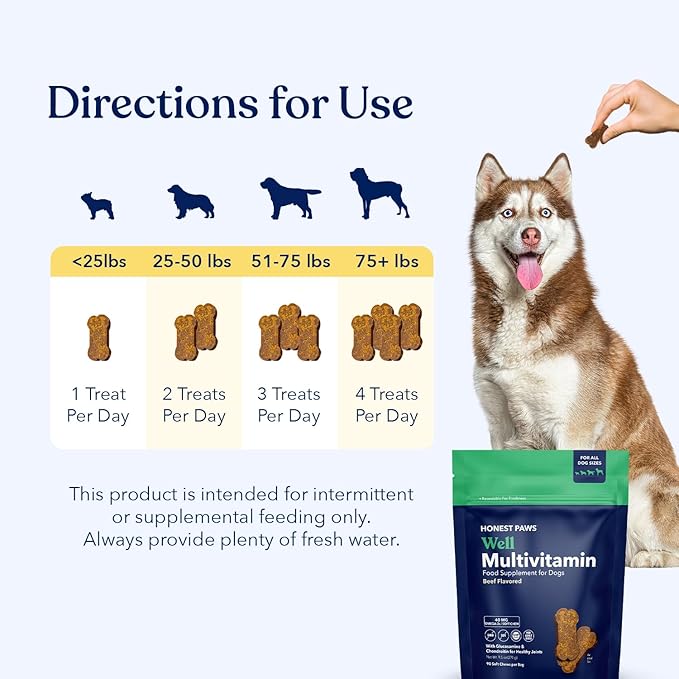 Honest Paws (90 Count) Dog Multivitamin Soft Chews with 10 Essential Vitamins - Joint, Coat, Immune, Eye & Heart Support - with Glucosamine, Chondroitin & Omega-3 - Beef Flavor