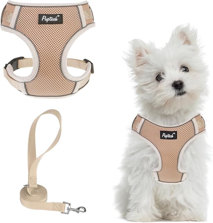 PUPTECK Small Dog Harness and Leash Set, No Pull Adjustable Puppy Cat Harness, Reflective Soft Mesh Pet Vest Small Sized, Khaki, S