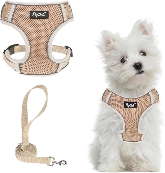 PUPTECK Small Dog Harness and Leash Set, No Pull Adjustable Puppy Cat Harness, Reflective Soft Mesh Pet Vest Small Sized, Khaki, S