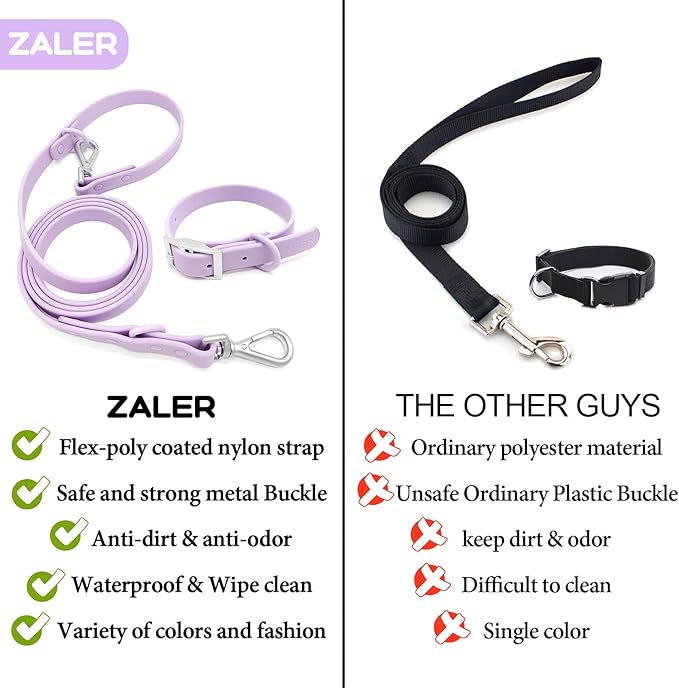 ZALER Dog Collar and Leash Set, Waterproof Adjustable Odor Proof Pet Collars Leashes Easy to Clean, 6FT Dog Leash with 2 Hooks for Large, Medium Small Dogs (S, Purple)
