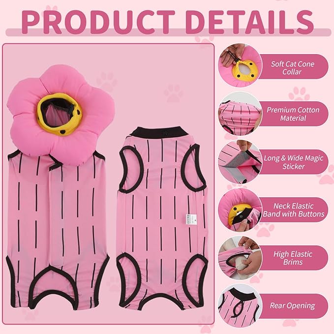 EMUST 2PCS Cat Recovery Suit, Cat Surgery Suit for Abdominal Wounds, Adjustable Flower Neck Cone Collar Soft, Cats Onesie After Surgery for 4-8lb(Pink, M)
