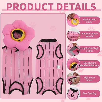 EMUST 2PCS Cat Recovery Suit and Cat Surgery Suit, Cotton Breathable Cats Spay Recovery Suit, Adjustable Cute Flower Neck for Cats 8-16lb(Pink, L)