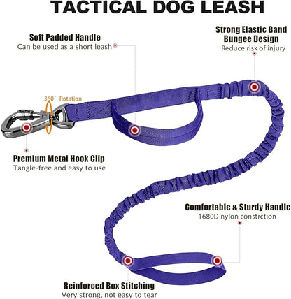 Tactical Dog Collar and Bungee Leash,Military Dog Collar & Leash Set with USA American Flag Adjustable K9 Collar with Heavy Duty Metal Buckle & Handle,with Patches and Airtags Case (Purple, M)