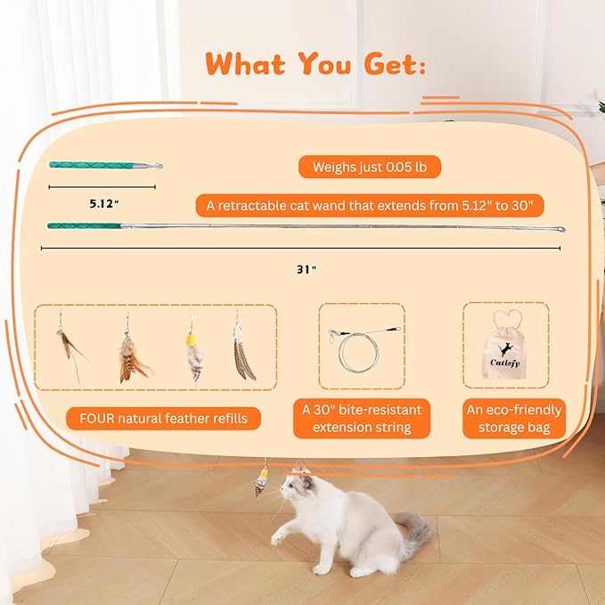 Catisfy Cat Wand Toy – Retractable Wand with 4 Feather Toy Refills for Indoor Cat Enrichment, Interactive Toy for Bored Adult Cats and High-Energy Kittens (FlutterFlick Series)