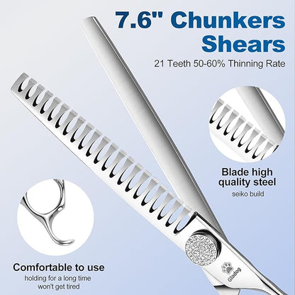 GLADOG Luxury Dog Grooming Scissors Set - 7" Straight, 6.5" Thinning, 7" Chunkers, 7" Curved - 9CR Steel, Silver Luxe, Right Hand, Plastic Handle, 4 Count