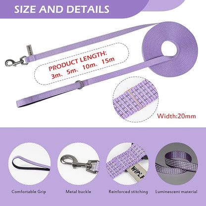 Wolfone Long Line Dog Leash with Padded Handle Purple 5m Training Leashes Reflective Leads for Dogs Outside