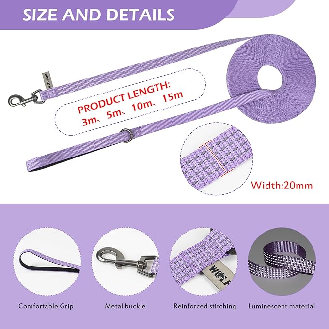 Wolfone Long Line Dog Leash with Padded Handle Purple 15m Training Leashes Reflective Leads for Dogs Outside