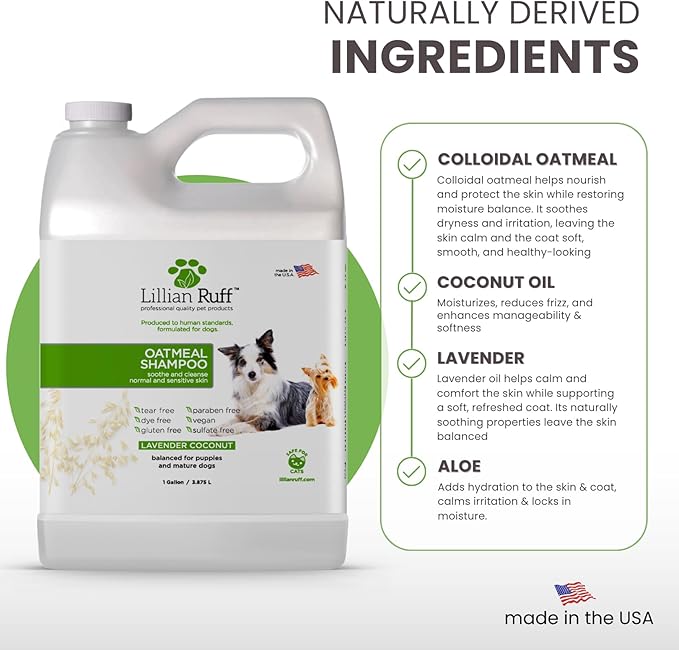 Lillian Ruff PRO Formula Deodorizing Oatmeal Dog Shampoo - Calms Itching & Allergies, Ultra-Nourishing Dry Skin Relief - Oatmeal, Aloe, Coconut Oil, Lavender & Provitamin B5 - Made in USA Gallon+Pump