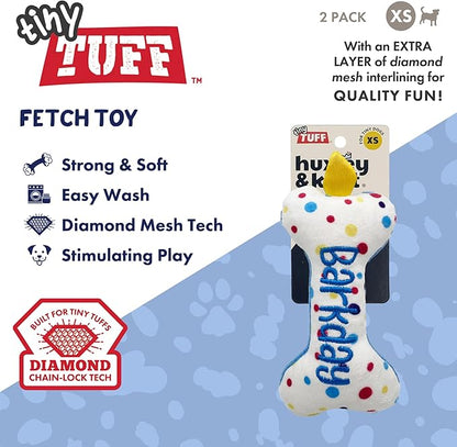 Huxley & Kent Funny Dog Toy w/Squeaker – Power Plush Squeaky Dog Toys for Small Dogs – Durable Small Stuffed Animal for Indoor Play & Fetch - Tiny Tuff It's My Barkday Bone