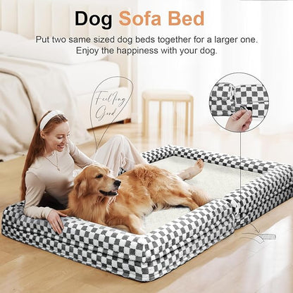 Large Dog Bed Orthopedic Washable: Beds Bolster XL Bed Big XLarge Dogs Egg Crate Foam Couch Sofa Waterproof with Removable Cover - Dark Grey Grid